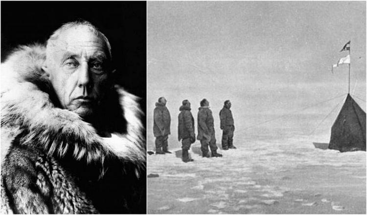 Badacz polarny Roald Amundsen – portret i zdjęcie z towarzyszami na biegunie południowym, bilinmiyor/CC BY-SA. Badacz polarny