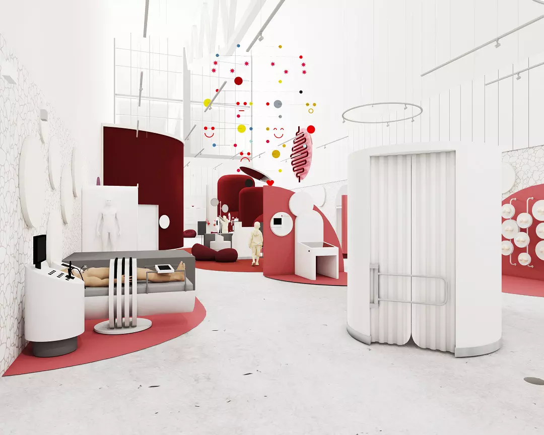 Wizualizacja przedstawiająca fragment wystawy stałej. Widoczne białe meble, czerwone dekoracje ścian oraz urządzenia.